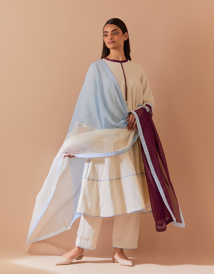 White-Blue soft chanderi kurta with pant and dupatta - Set of 3