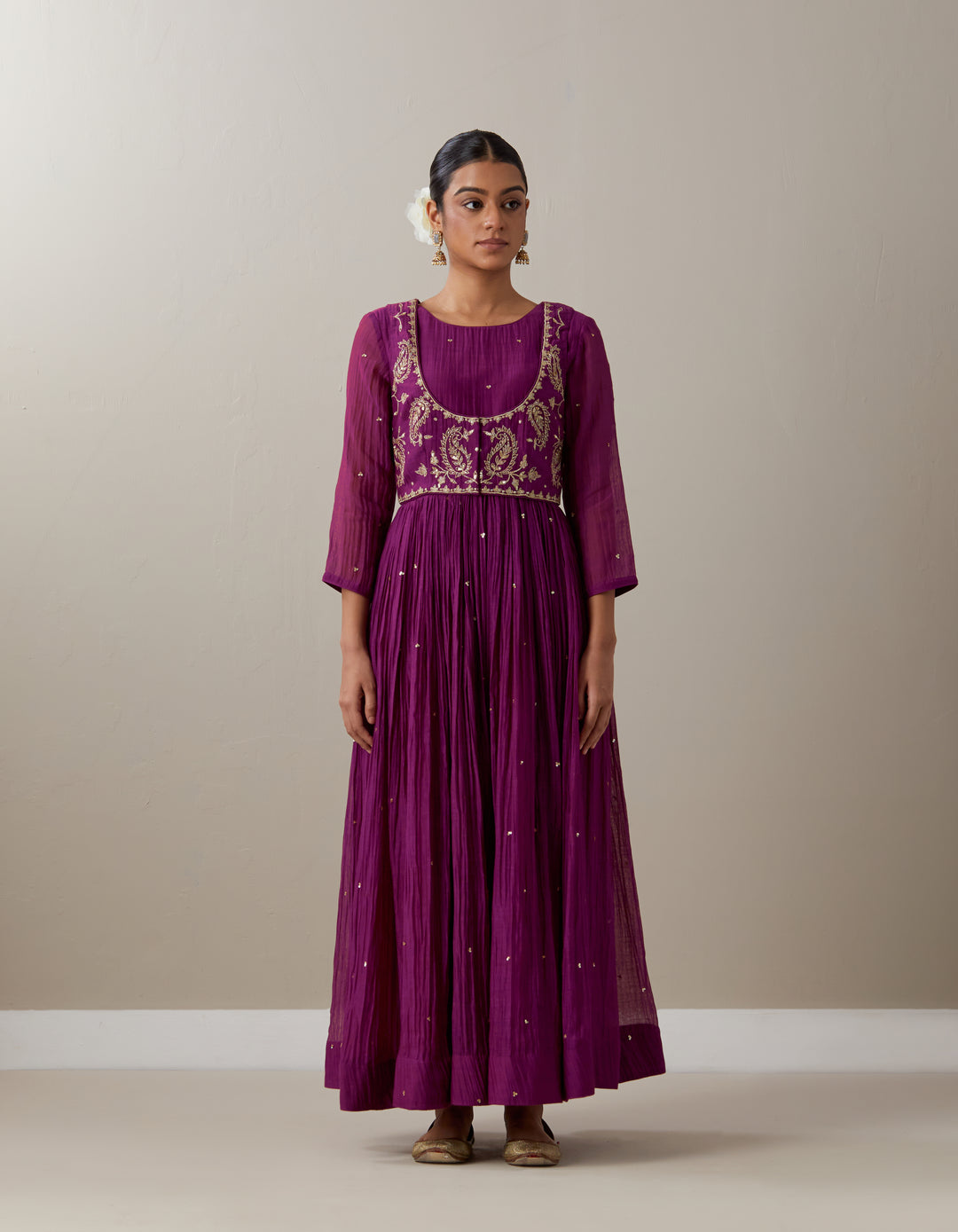 Purple embroidered soft chanderi kurta with cotton pants - Set of 2