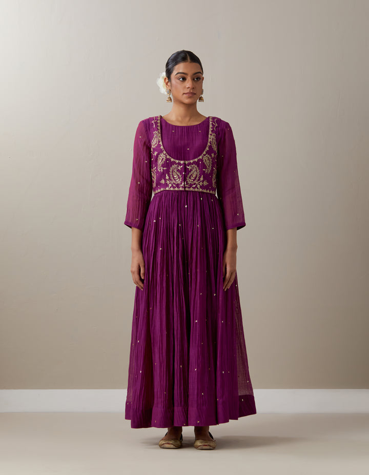 Purple embroidered soft chanderi kurta with cotton pants - Set of 2