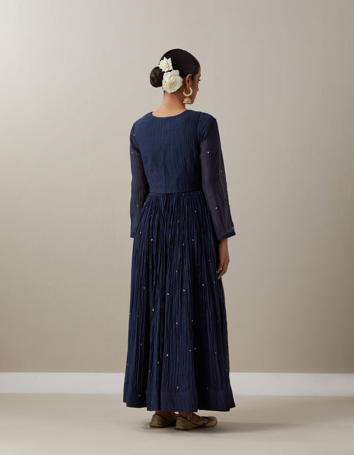 Blue embroidered soft chanderi kurta with cotton pants - Set of 2