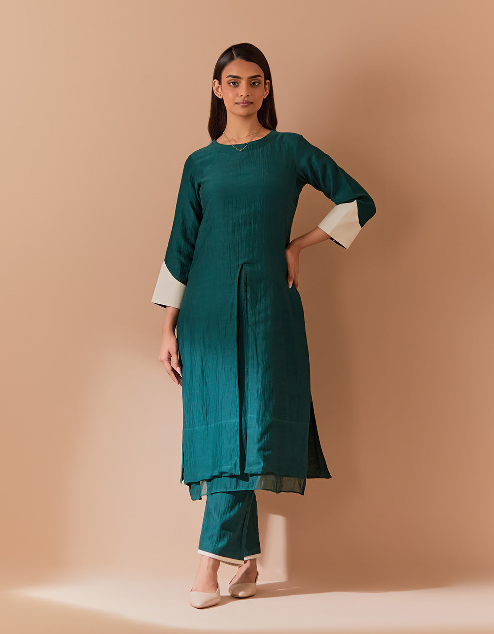 Green soft chanderi kurta with pant - Set of 2