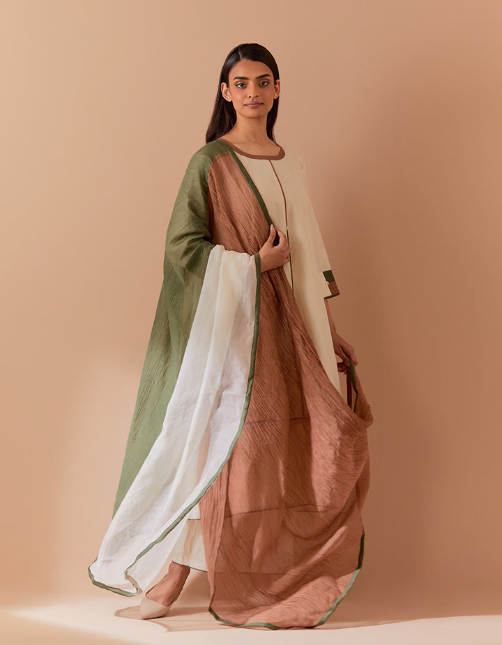 White-Brown soft chanderi kurta with pant and dupatta - Set of 3