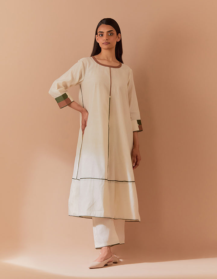 White-Brown soft chanderi kurta with pant and dupatta - Set of 3