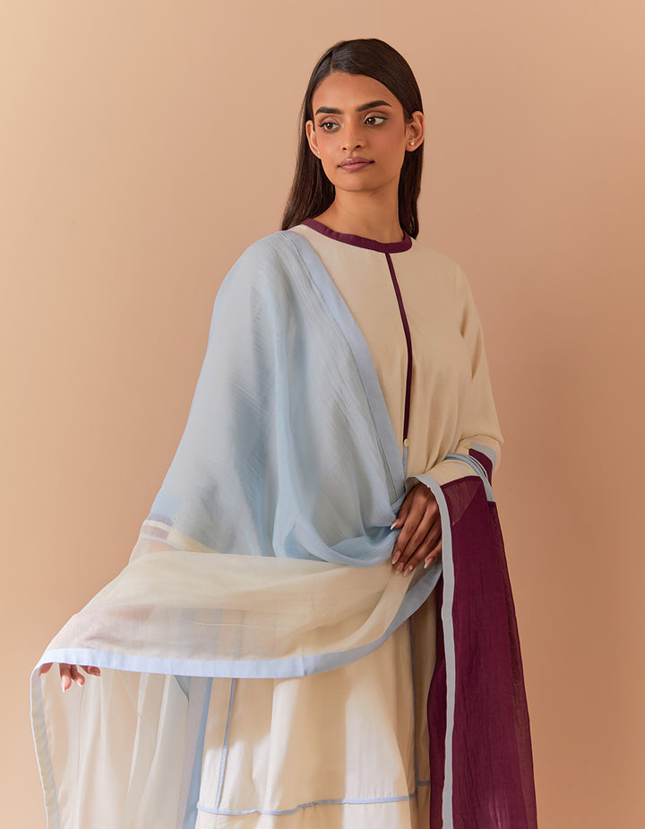 White-Blue soft chanderi kurta with pant and dupatta - Set of 3