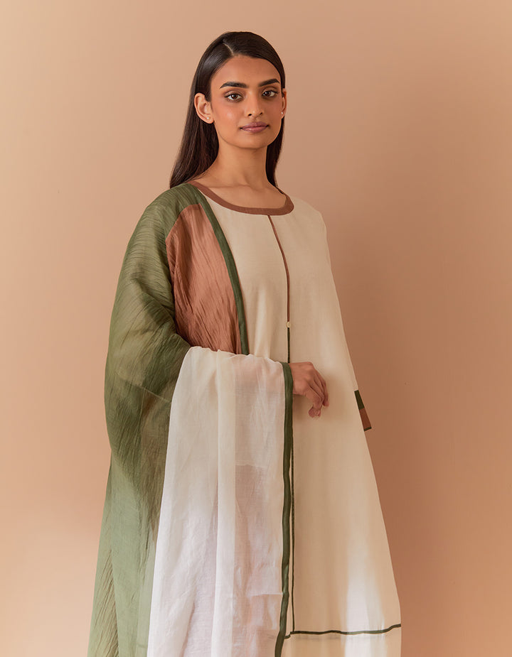 White-Brown soft chanderi kurta with pant and dupatta - Set of 3