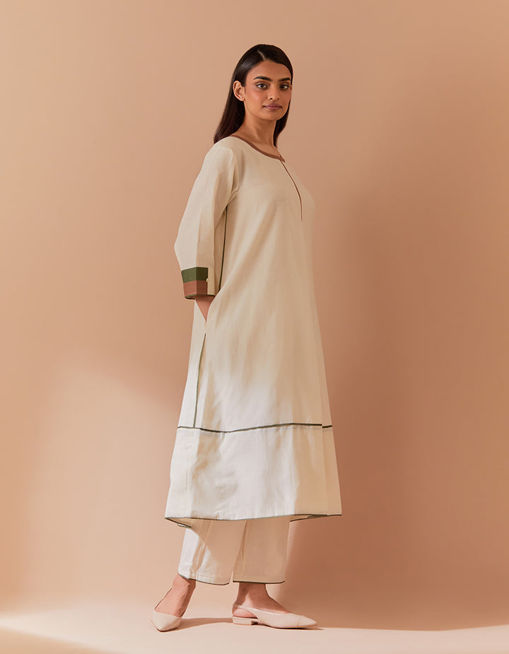 White-Brown soft chanderi kurta with pant and dupatta - Set of 3