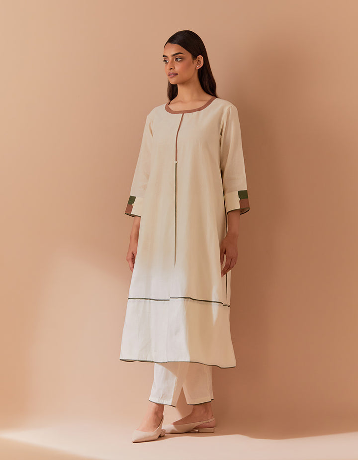 White-Brown soft chanderi kurta with pant and dupatta - Set of 3