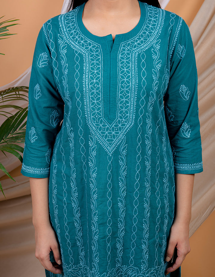 Teal blue chikankari cotton kurta