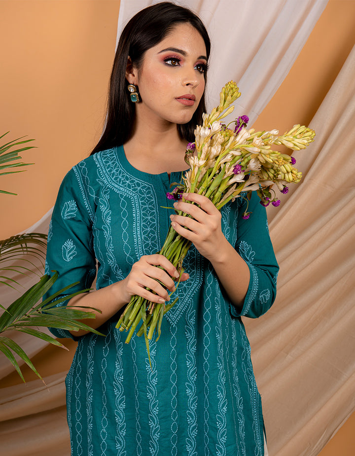 Teal blue chikankari cotton kurta