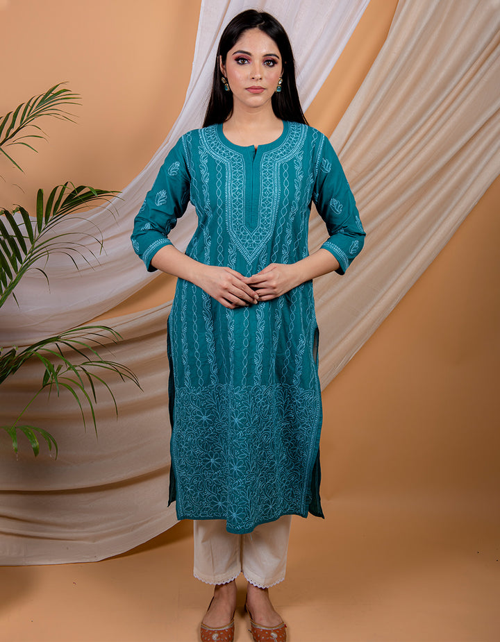 Teal blue  chikankari cotton kurta with white pants- Set of 2