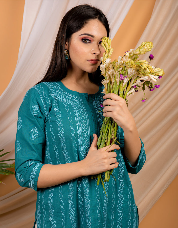 Teal blue  chikankari cotton kurta with white pants- Set of 2