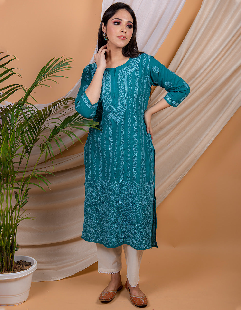 Teal blue  chikankari cotton kurta with white pants- Set of 2