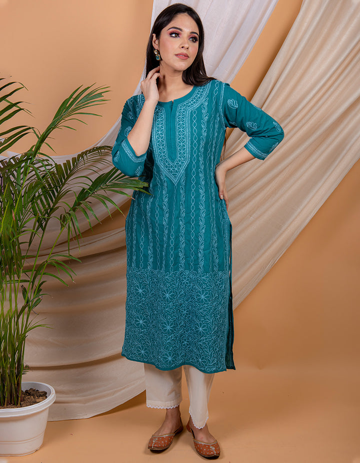 Teal blue  chikankari cotton kurta with white pants- Set of 2