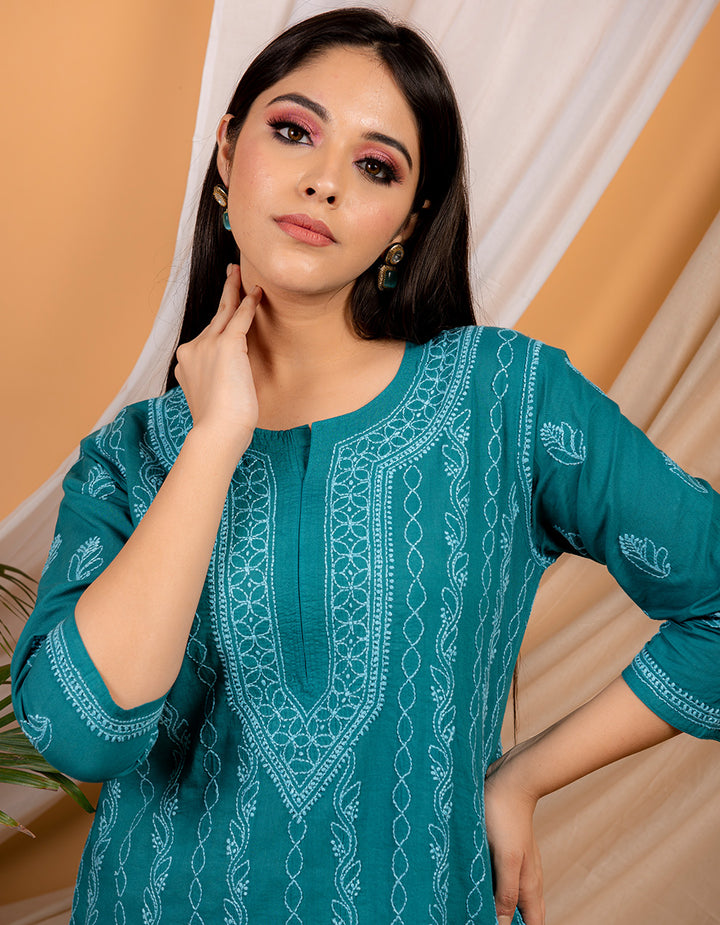 Teal blue  chikankari cotton kurta with white pants- Set of 2