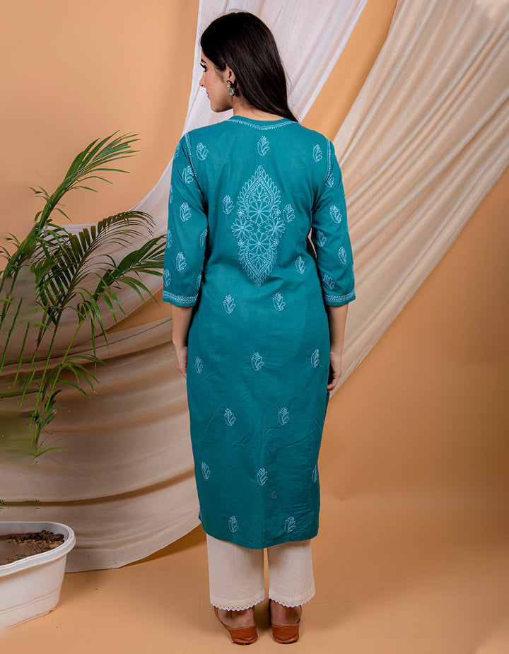 Teal blue  chikankari cotton kurta with white pants- Set of 2