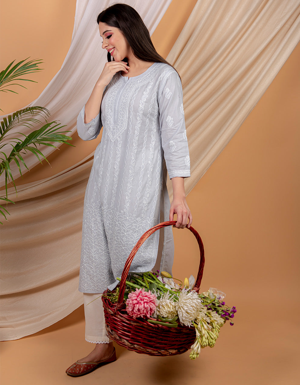 Grey chikankari cotton kurta with white pants- Set of 2