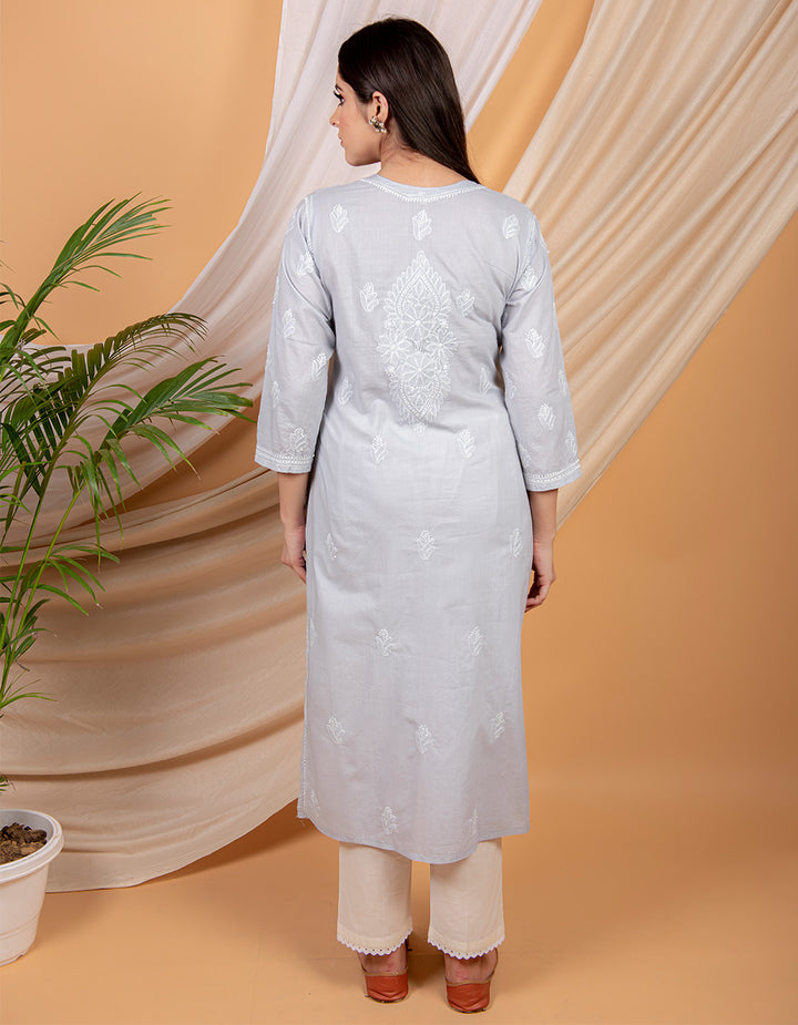 Grey chikankari cotton kurta with white pants- Set of 2