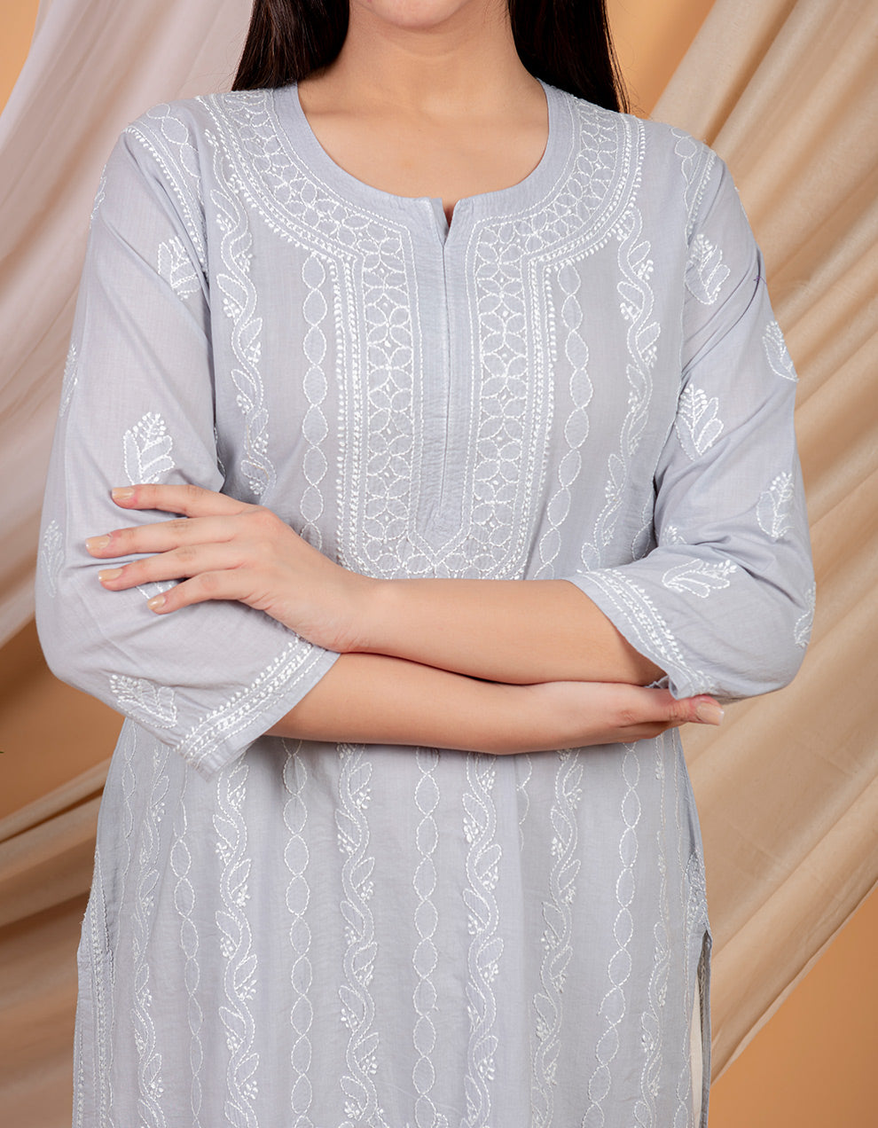 Grey chikankari cotton kurta with white pants- Set of 2