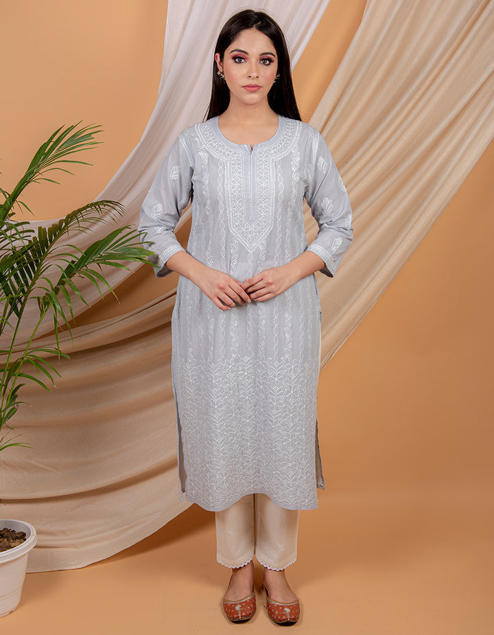 Grey chikankari cotton kurta with white pants- Set of 2
