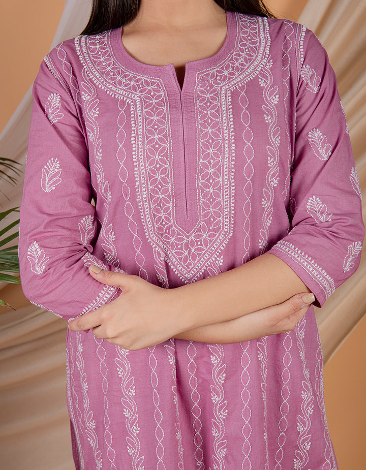 Purple chikankari cotton kurta with white pants Set