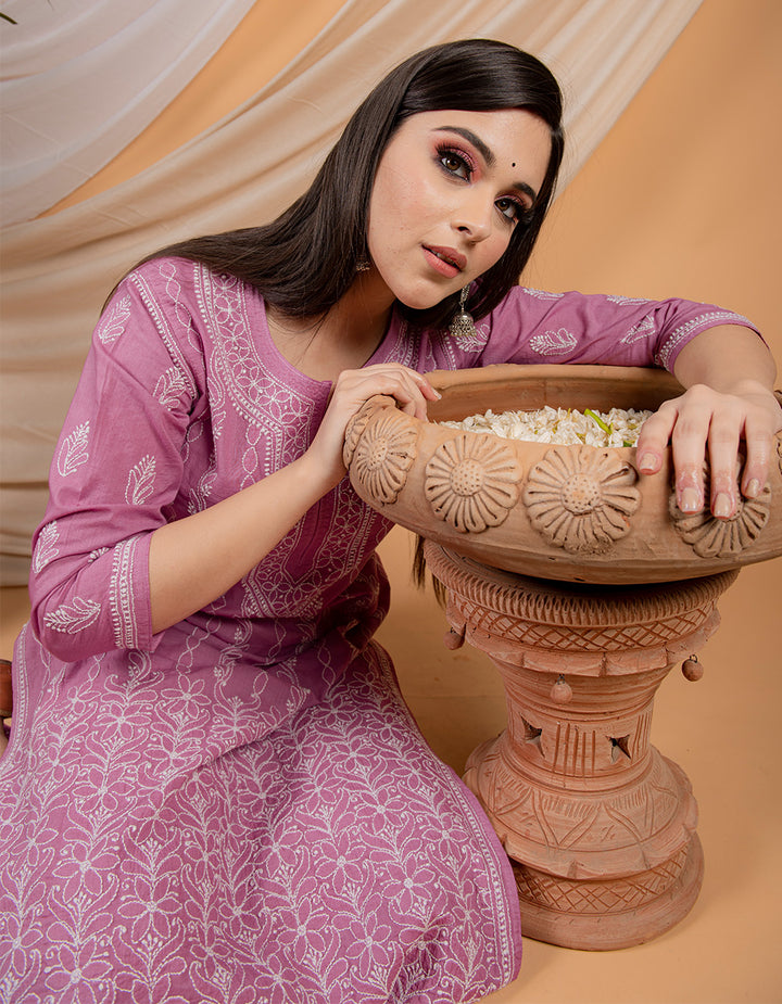 Purple chikankari cotton kurta with white pants Set