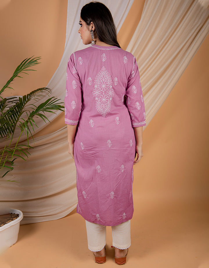 Purple chikankari cotton kurta with white pants Set