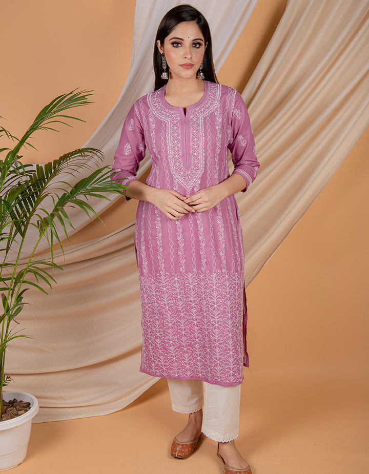 Purple chikankari cotton kurta with white pants Set