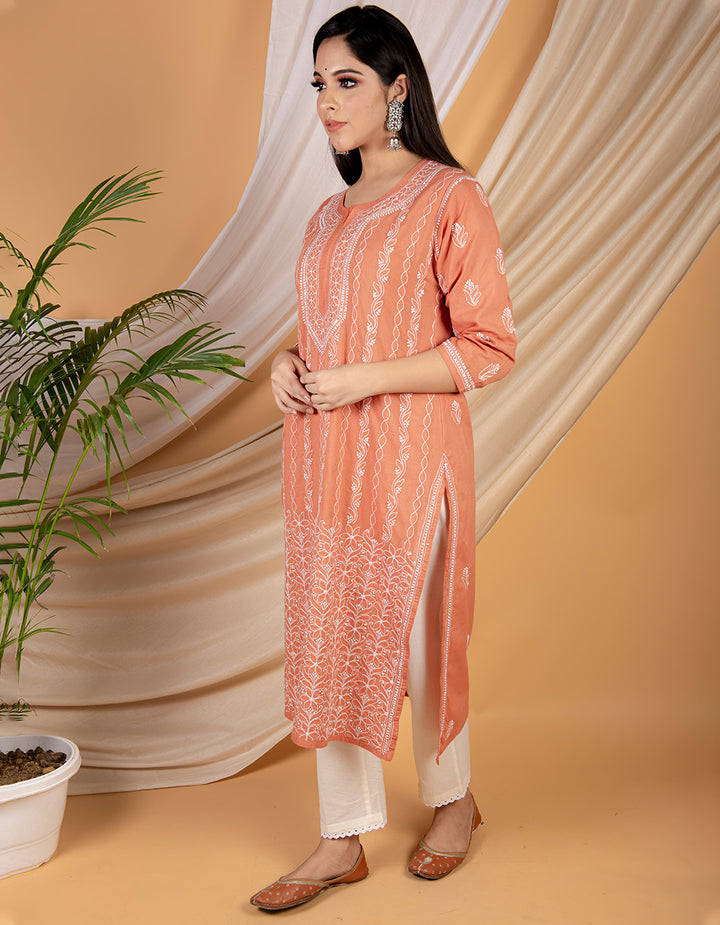 Rust orange chikankari cotton kurta