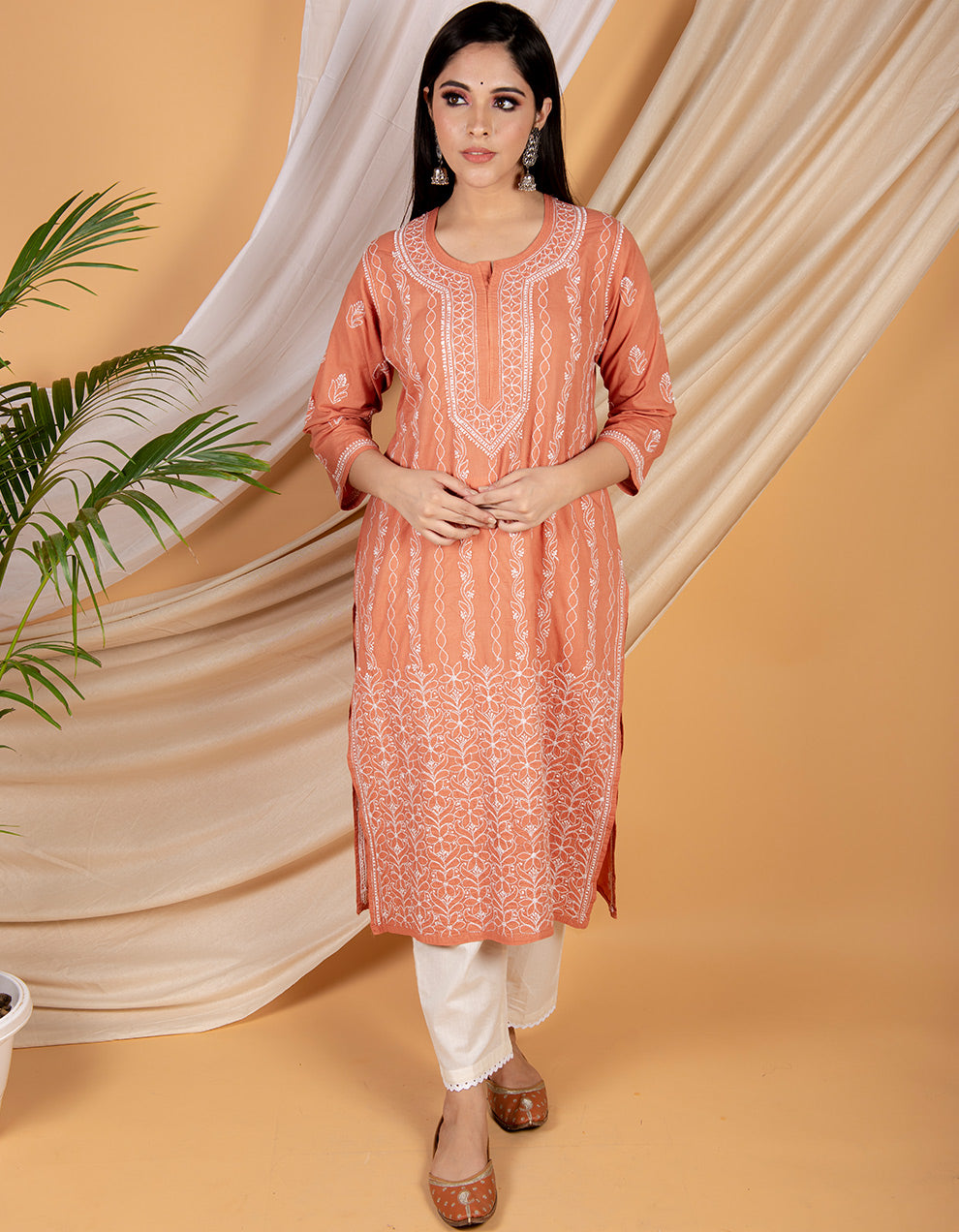 Rust orange chikankari cotton kurta with white pants- Set of 2