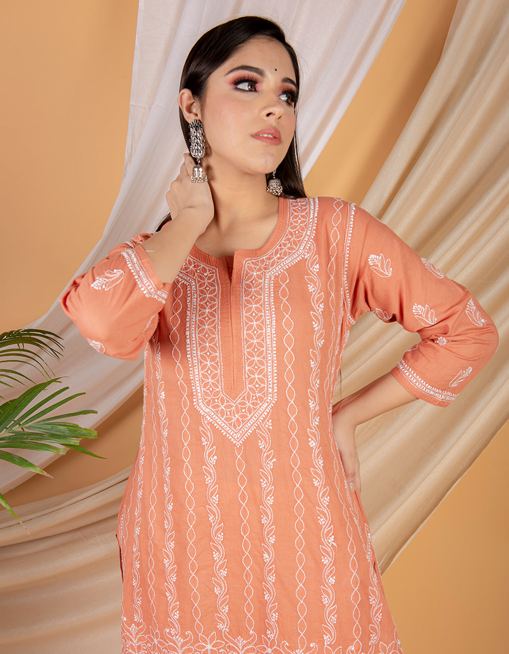 Rust orange chikankari cotton kurta with white pants- Set of 2