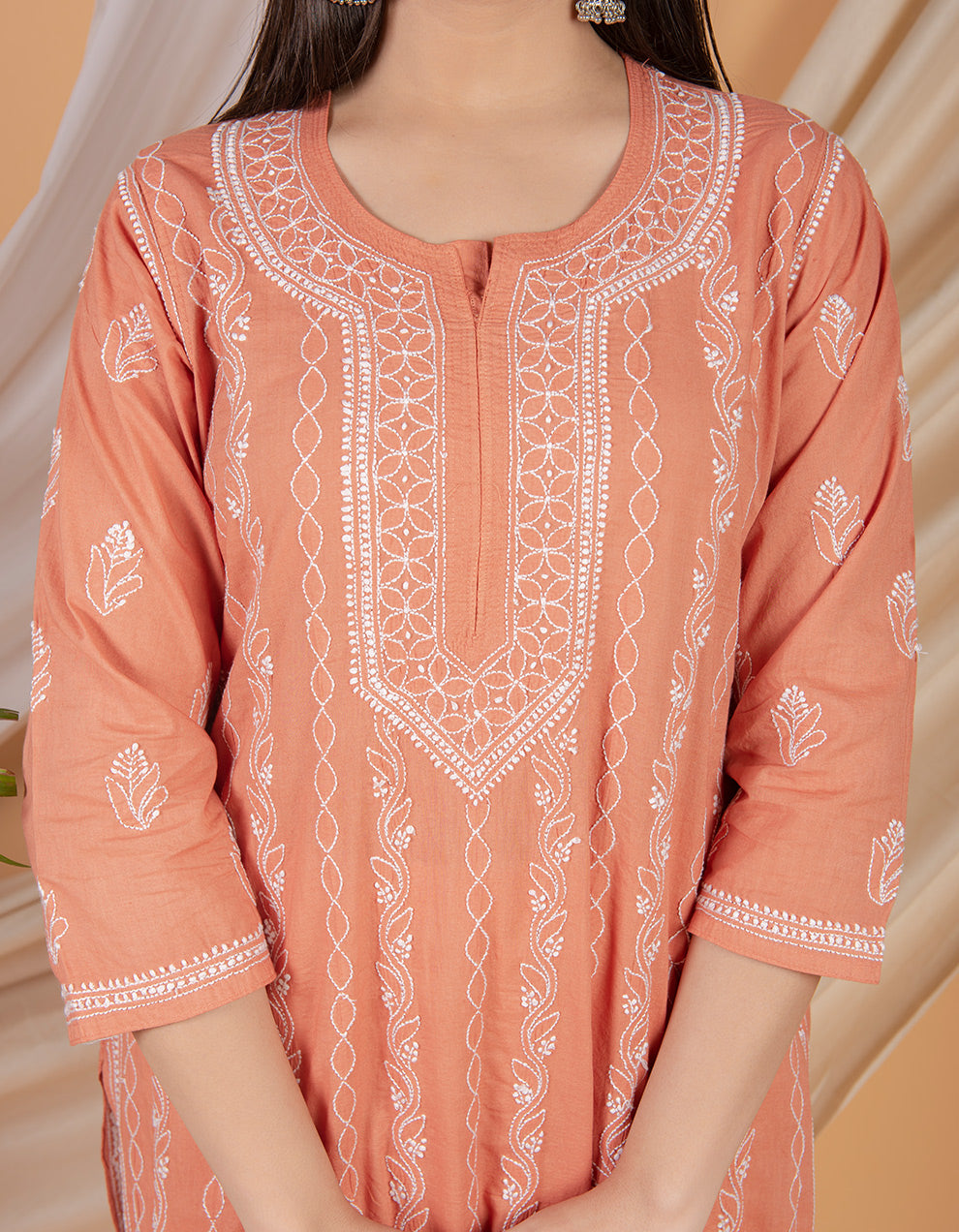 Rust orange chikankari cotton kurta with white pants- Set of 2