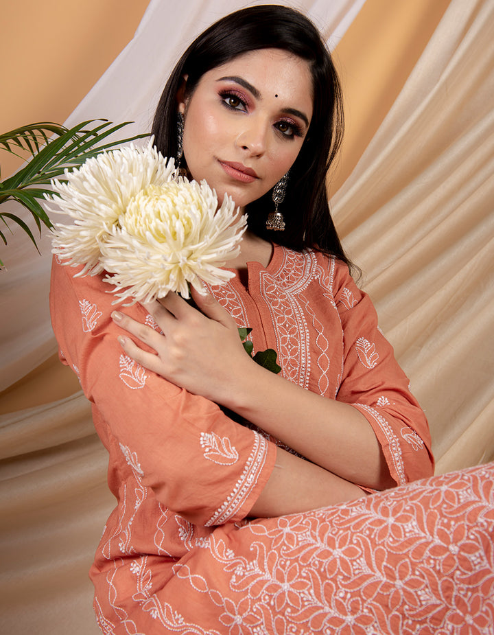 Rust orange chikankari cotton kurta with white pants- Set of 2