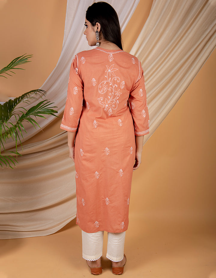 Rust orange chikankari cotton kurta with white pants- Set of 2
