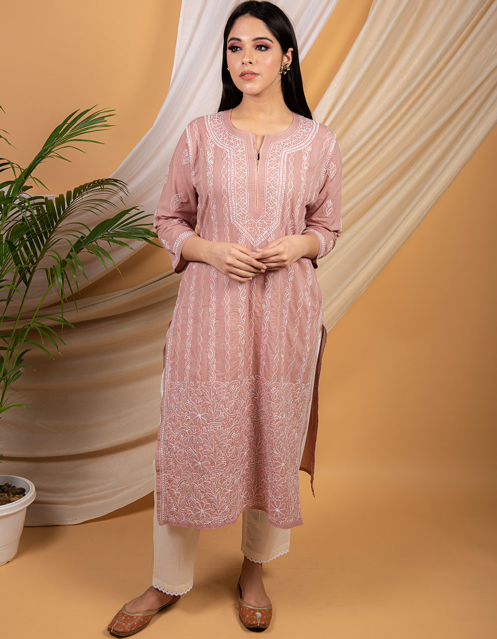 Dusty pink chikankari cotton kurta