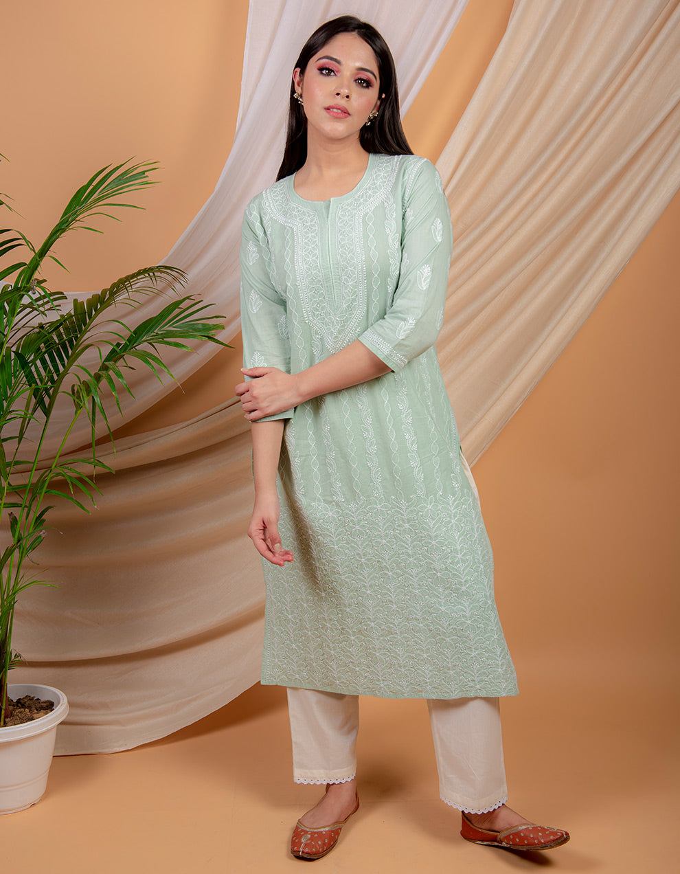Light green chikankari cotton kurta with white pants- set of 2