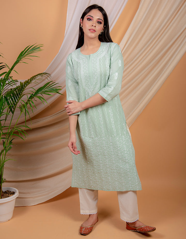 Light green chikankari cotton kurta with white pants- set of 2