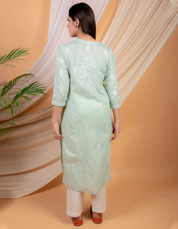 Light green chikankari cotton kurta with white pants- set of 2