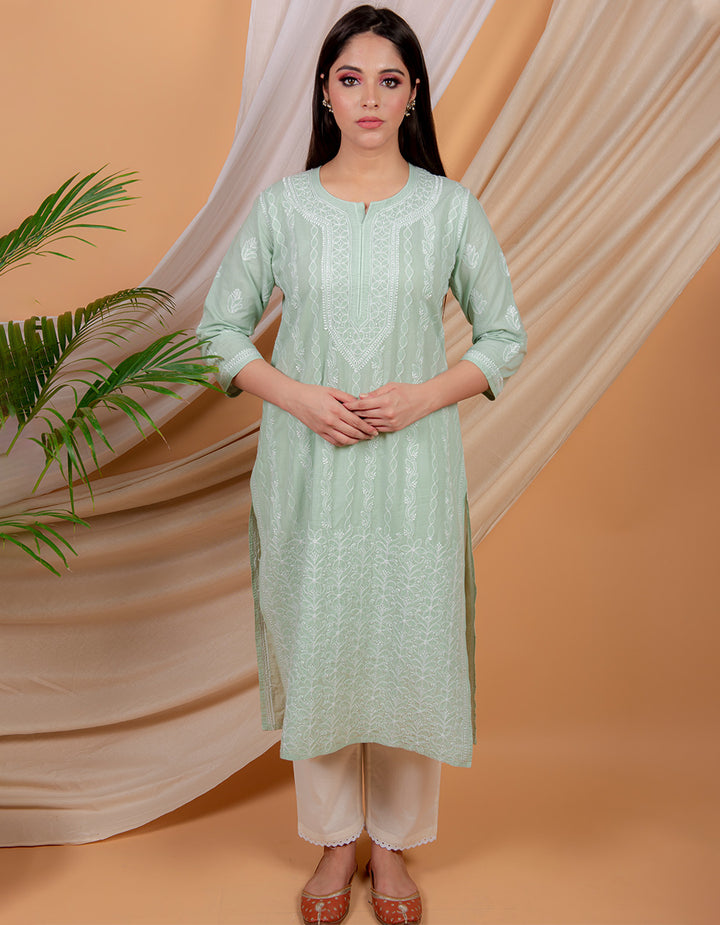 Light green chikankari cotton kurta with white pants- set of 2