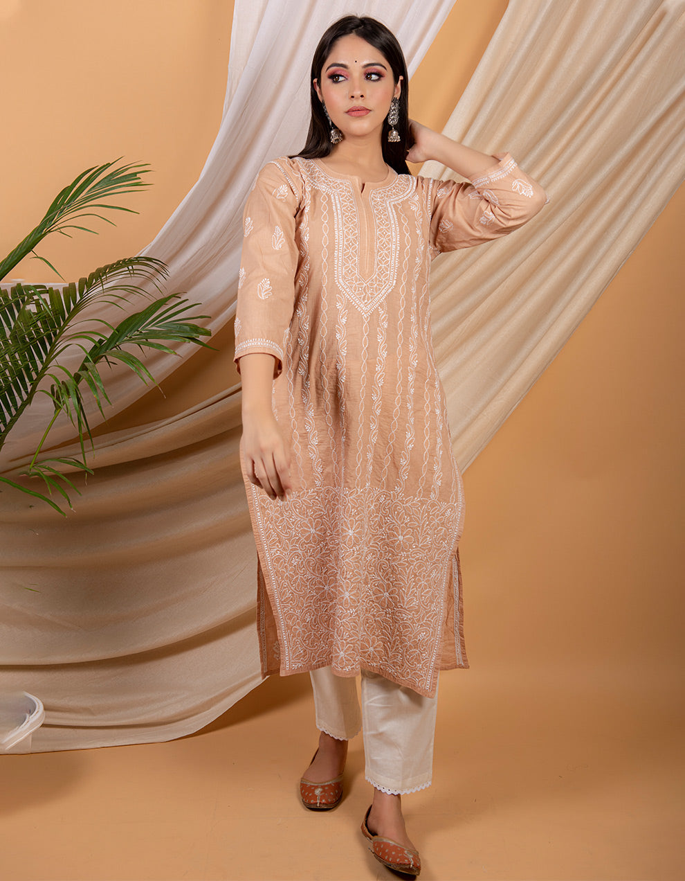 Brown chikankari cotton kurta with white pants- Set of 2