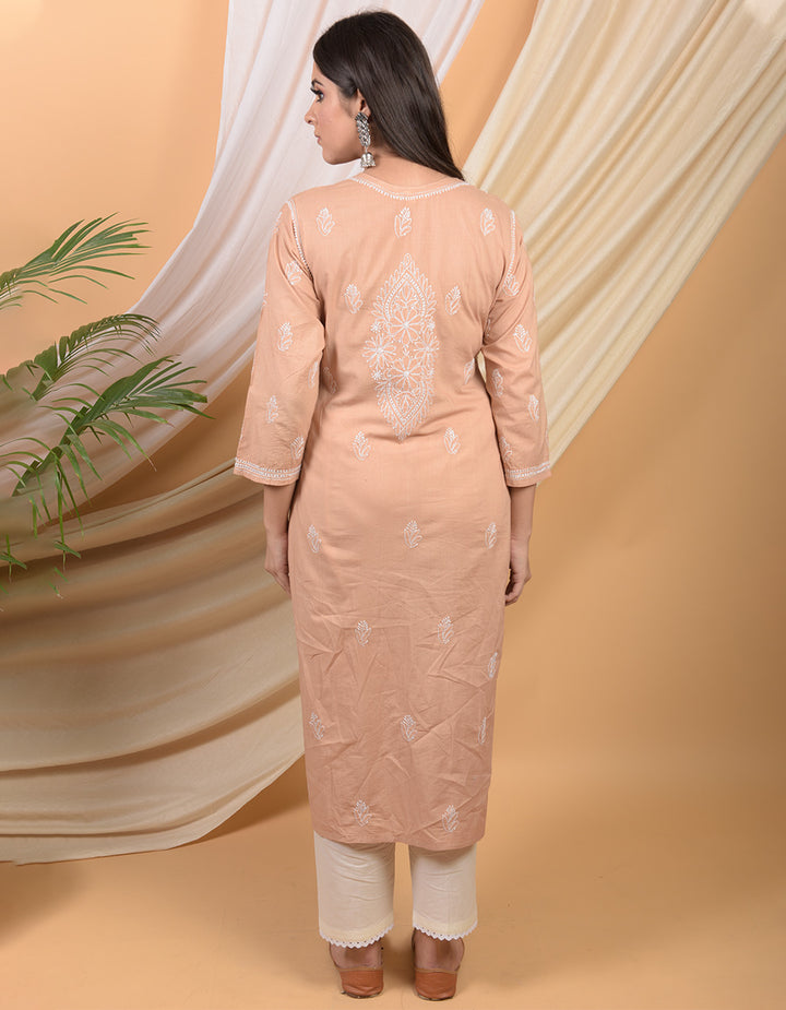 Brown chikankari cotton kurta with white pants- Set of 2