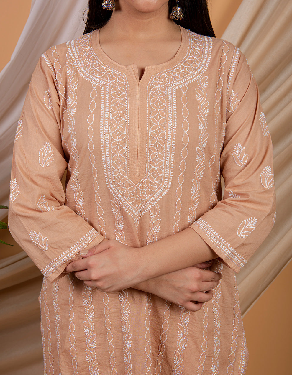 Brown chikankari cotton kurta with white pants- Set of 2