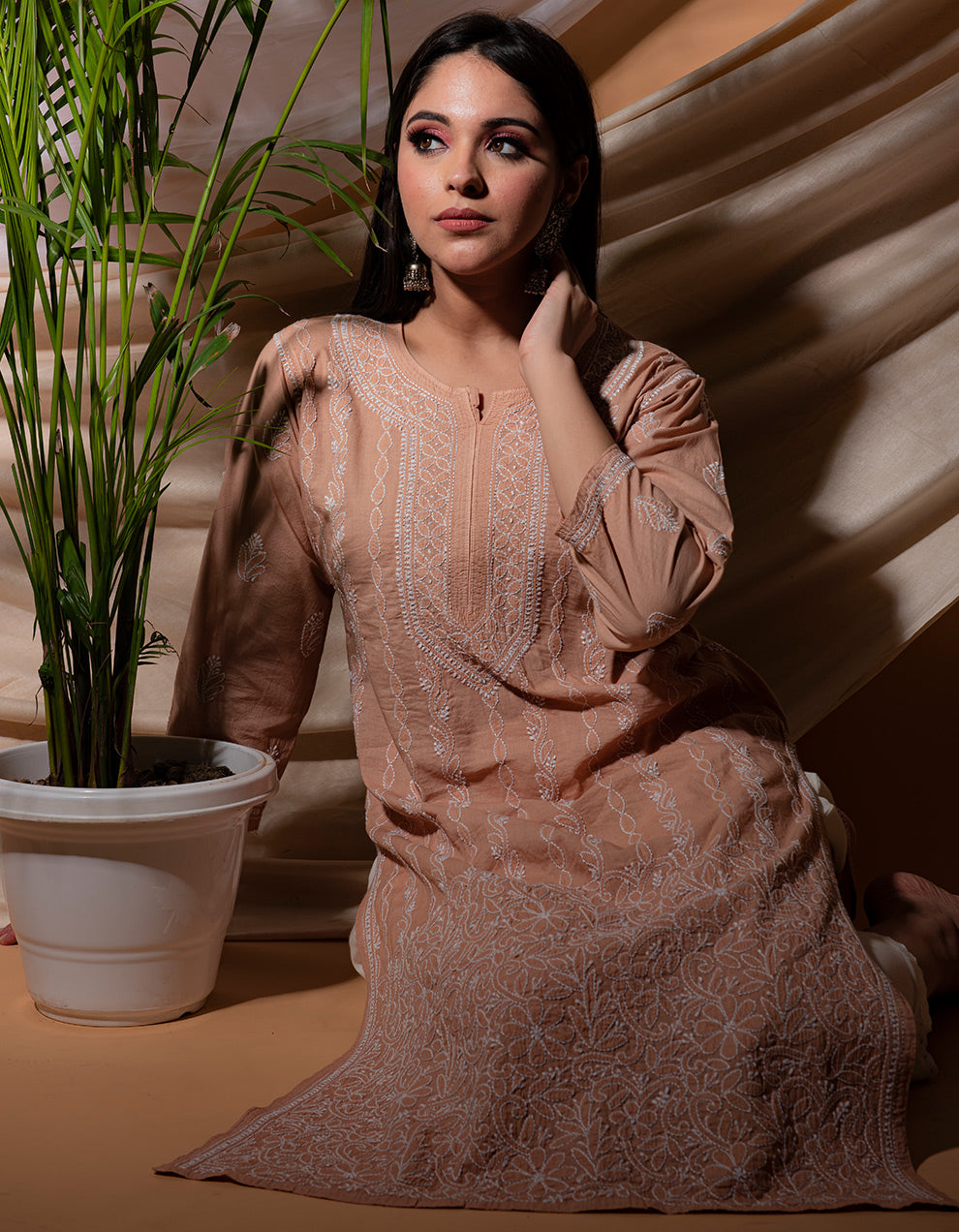 Brown chikankari cotton kurta with white pants- Set of 2