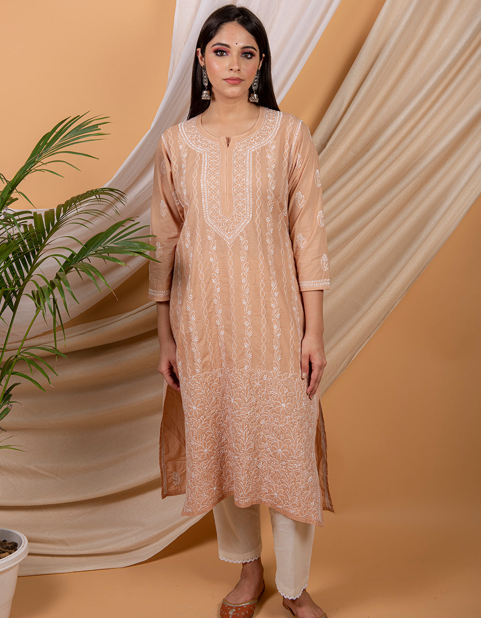 Brown chikankari cotton kurta with white pants- Set of 2