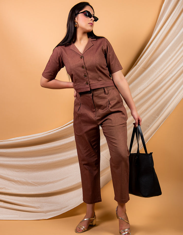 Brown classic cotton twill crop shirt