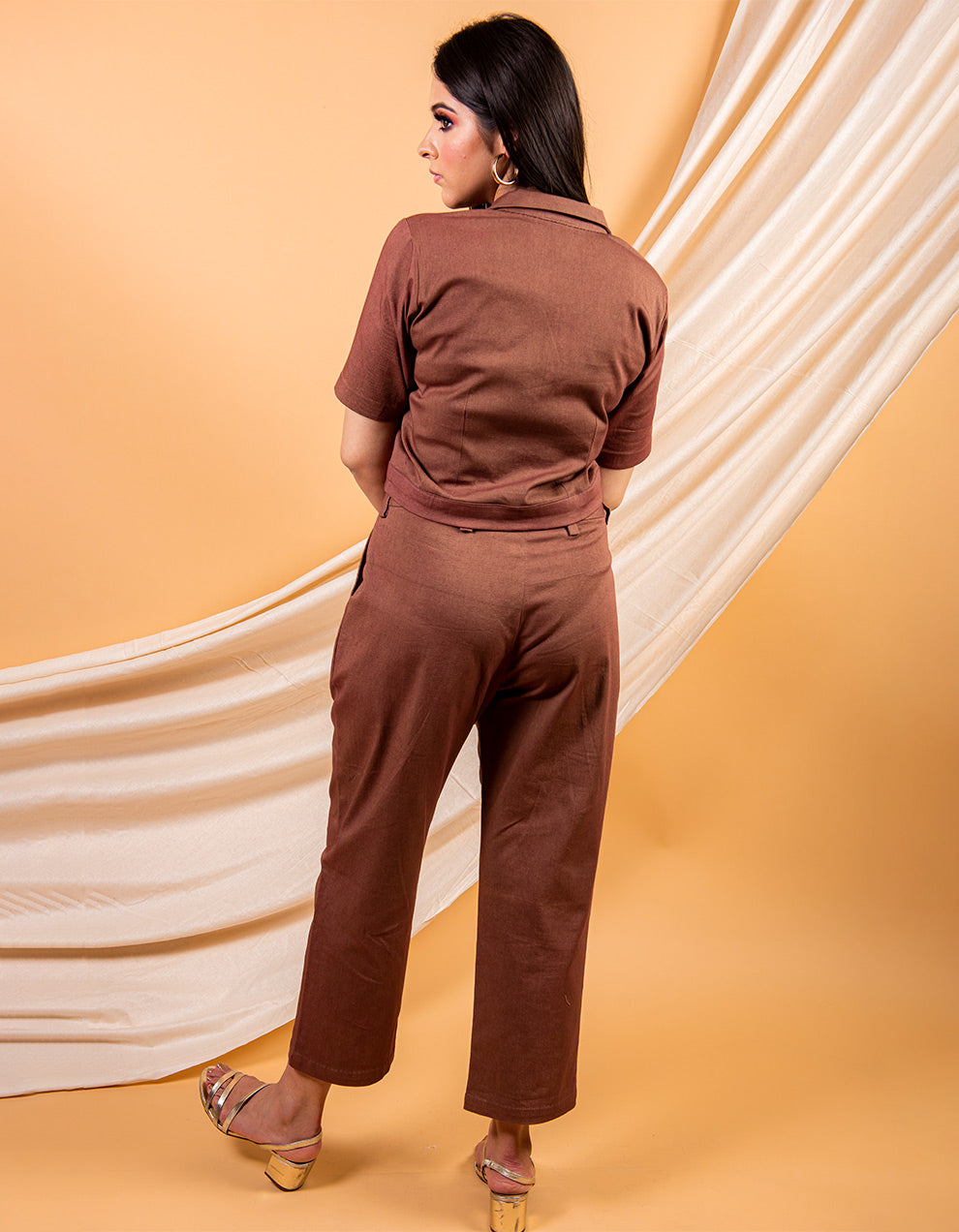 Brown crop cotton twill shirt and pant - set of 2