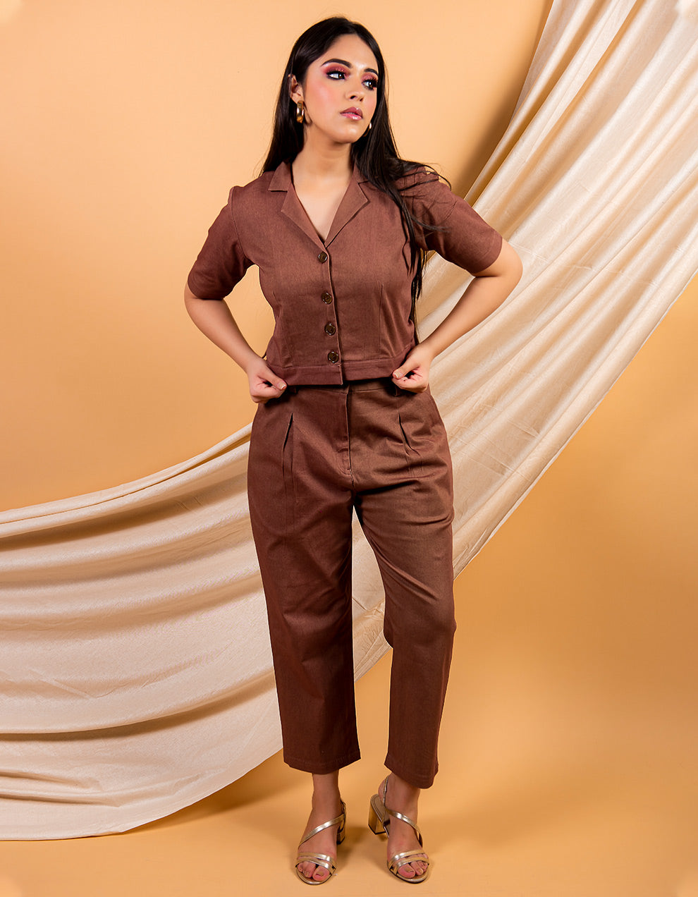 Brown classic cotton twill crop shirt