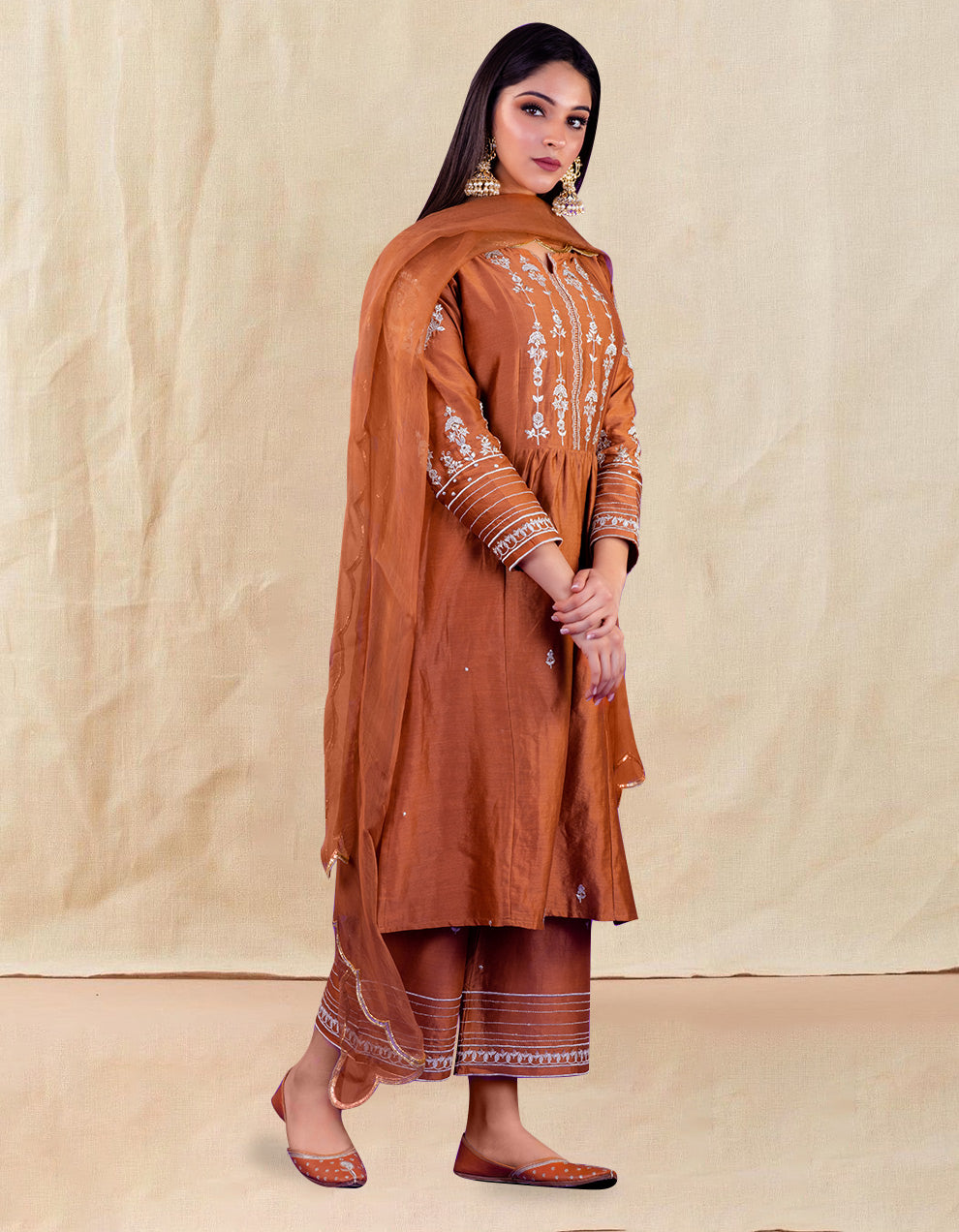 Brown Hand Embroidered Scalloped Organza Dupatta
