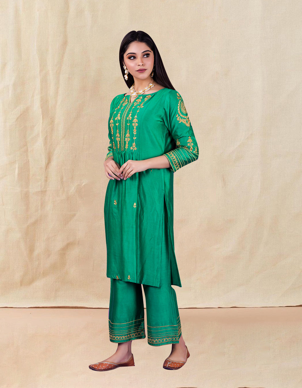 Green Hand Embroidered Chanderi Silk Kurta