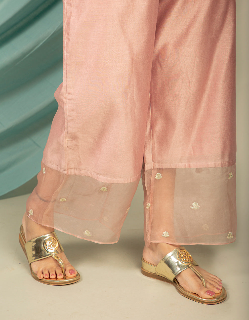 Old Rose embroidery chanderi silk kurta with silk pant and organza dupatta- Set of 3