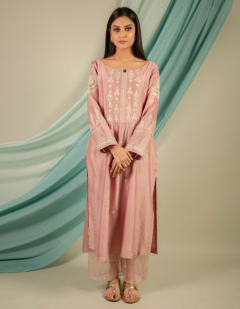 Old Rose embroidery chanderi silk kurta with silk pant and organza dupatta- Set of 3